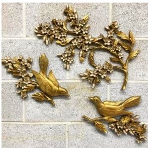 Vintage 1960s  Gold Dogwood Flower Tree Branch and Birds
